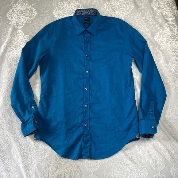 Boss Hugo Boss Stretch Linen Slim Fit Button Down In Blue Size Large - Picture 7 of 8